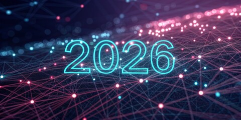 2026 Neon Numbers Over Abstract Digital Network Background, Futuristic Technology Concept, Data Flow And Innovation, For Business, Finance, Ai, Blockchain, Future Trends, New Year 2026