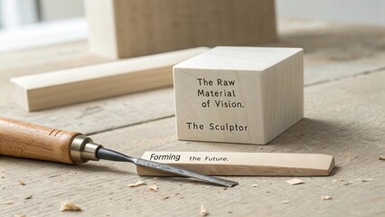 Wood sculptor's sharp chisel resting on a wooden block with inspirational text in a quiet workshop
