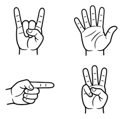 Obraz premium Hand drawn line art hand gestures set featuring a rock and roll sign, an open palm, a pointing finger, and the number three for communication