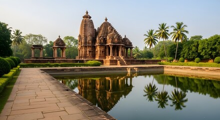 Ancient Hindu temple complex with reflection in serene water pond