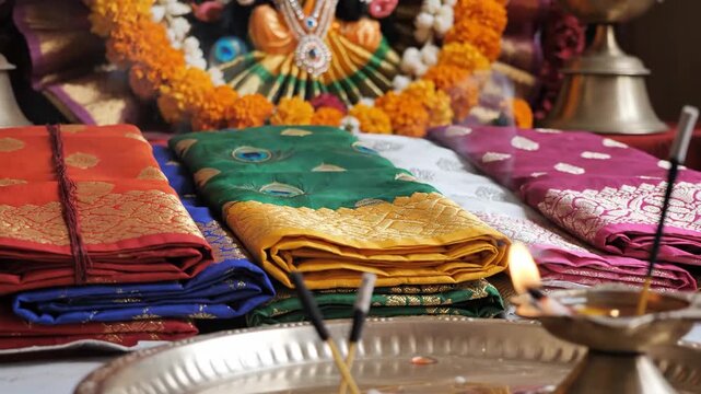Colorful Traditional Navadurga Durga Maa Idol with Decorative Cloths and Ritual Offerings for Durga Puja