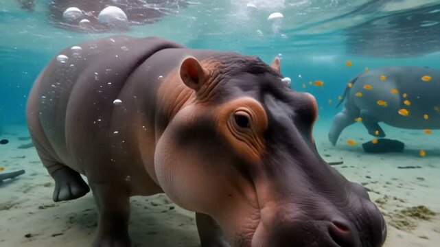 Hippopotamus swimming underwater in clear tropical water