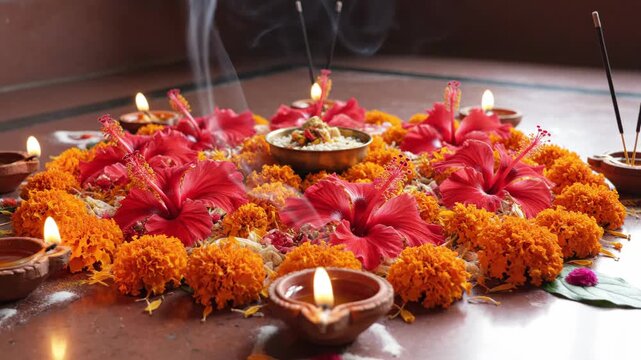Navadurga Devi Worship Ritual with Flowers, Diyas, Incense, and Sacred Offerings for Hindu Festival Celebration