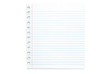 Empty notebook page featuring blue lines, a red margin, and punched holes, perfect for adding text or designs