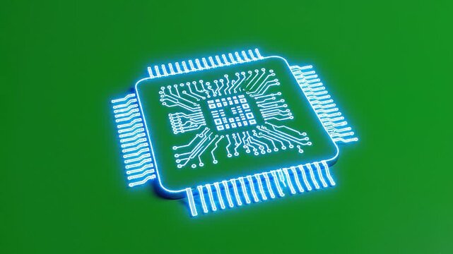 Glowing blue circuit board chip digital technology concept abstract electronic component for futuristic design isolated on green background.