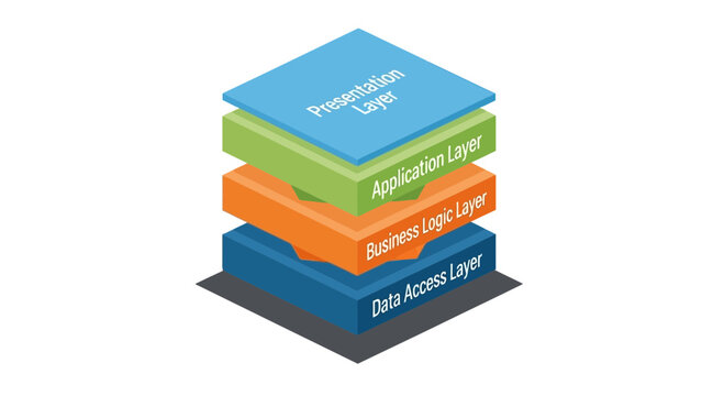 Stacked Layers Representing Presentation Application Business and Data Access Levels in a 3D Isometric View