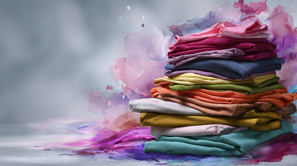 A vibrant stack of colorful clothes with artistic water color splash effect in background. The clothes are neatly folded in various bright hues.