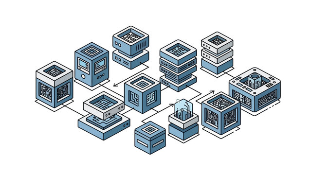Network of interconnected servers and data storage units in a cloud computing infrastructure viewed from above