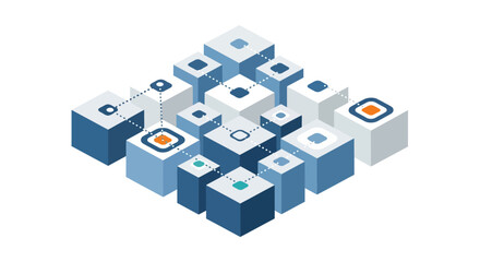 Obraz premium 3D illustration of cubes with various icons arranged in a grid pattern on a white surface from a top-down viewpoint