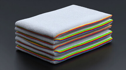 A neatly stacked pile of folded towels with colorful edges against a dark backdrop. The texture of the towels suggests softness and comfort. 