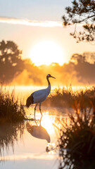 Obraz premium 朝霧の湿原に立つ丹頂鶴