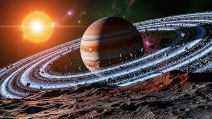 Planet with ring system in the outer space