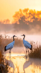 Obraz premium 朝霧の湿原に立つ丹頂鶴