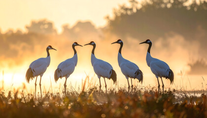 Obraz premium 朝霧の湿原に立つ丹頂鶴