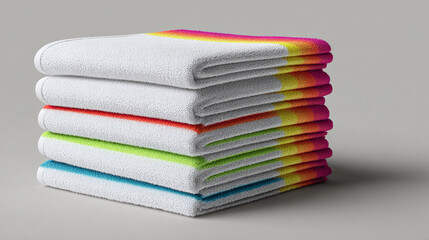 A stack of folded towels, each towel featuring a unique gradient color along its edge. The towels are neatly arranged, creating a visually appealing display