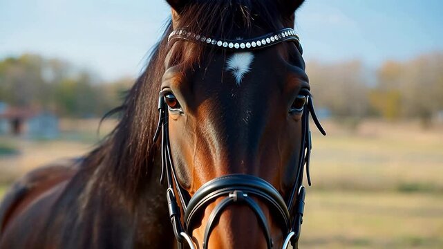 Closeup of a horse with decorative bridle