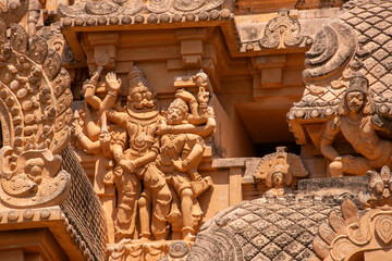 Fototapeta premium Sculpture of lord Narasimha at Brihadeeshwara Temple, in Tanjavur, Tamilnadu, India.