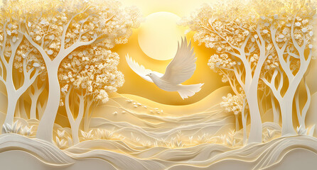 Papercut Forest Scene with Flying Dove