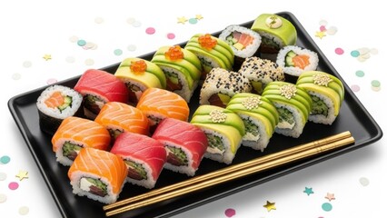 Assorted sushi rolls with avocado and salmon on black plate