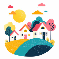 Colorful Cartoon Village Landscape