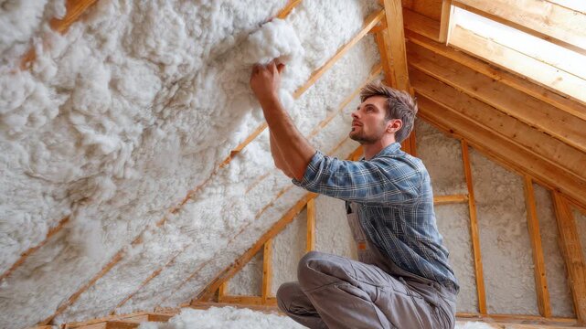 Man installs insulation in attic during day to improve home energy efficiency and comfort for family members living there