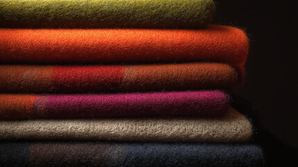 A close-up shot of a stack of soft, colorful blankets arranged in a neat pile, showcasing their textures and hues