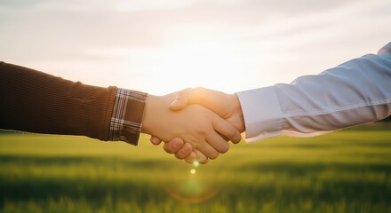 Two business people shaking hands in a green field at sunset symbolizing partnership and agreement