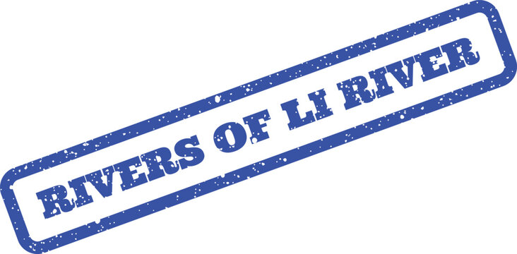 Distressed angled stamp with textured text Rivers of Li River for unique travel promotion