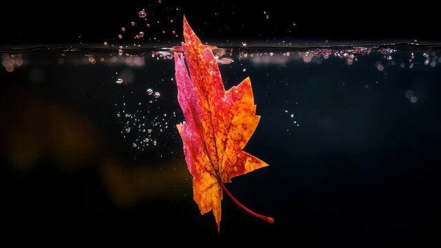 Close-up view of a maple leaf submerged in water with bubbles rising around it during autumn