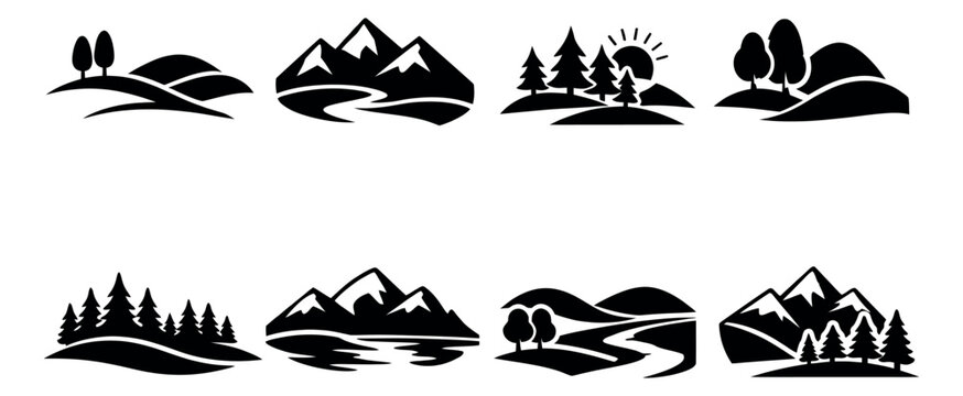 Minimalist nature landscape icon set featuring mountains, hills, trees, rivers, and sun for outdoor themed designs
