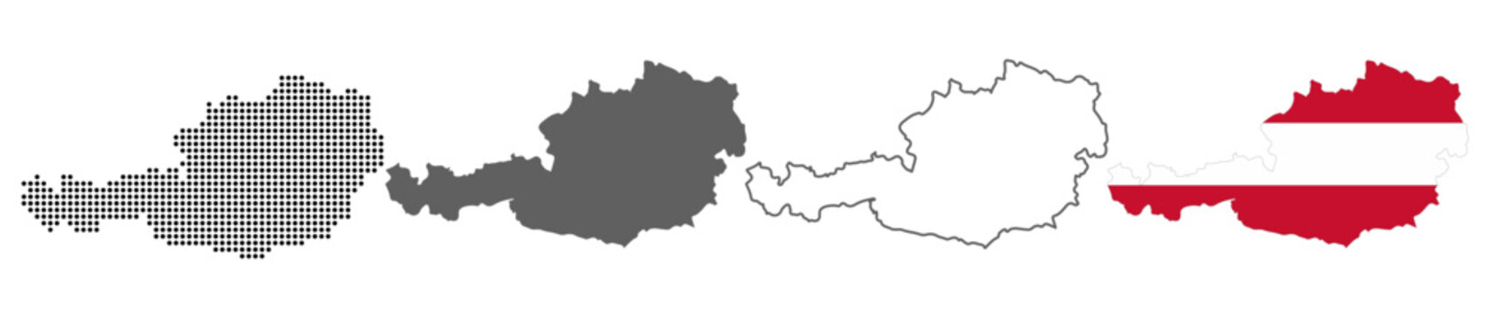 Austria map set with dotted solid outline and flag style vector illustration