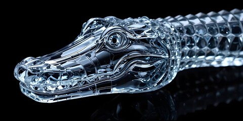 Crystal clear alligator sculpture on black background