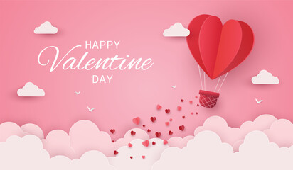 Fototapeta na wymiar happy valentines day with hearts ballon and clouds on pink poster card background. love card from February 14. vector illustration paper art design.