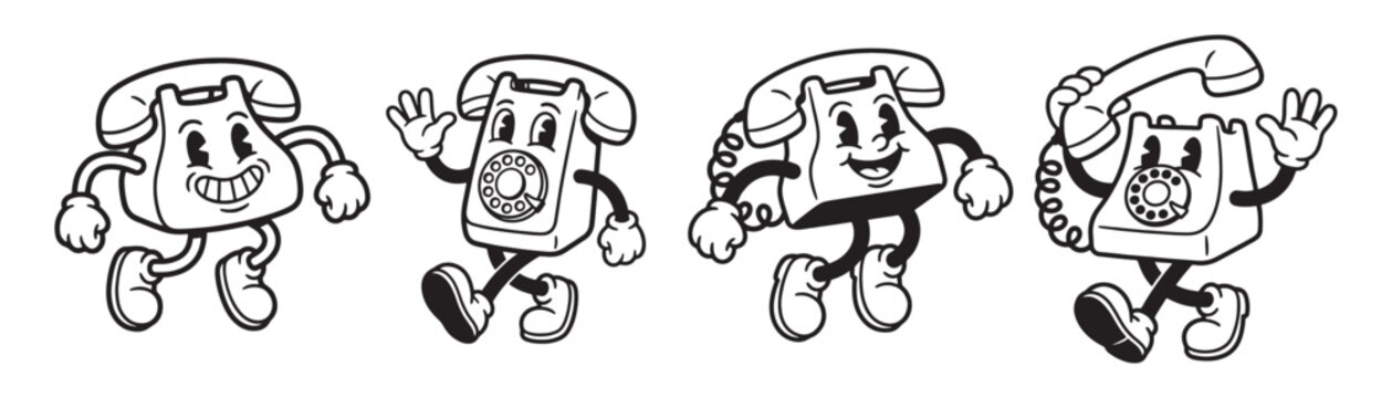 Retro Rotary Telephone Mascot Characters Set
