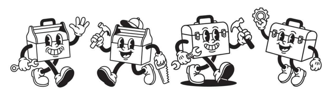 Toolbox and Tool Mascot Set for Repair and Construction