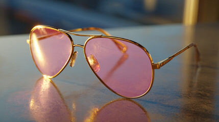 A pair of pink tinted sunglasses, casting a beautiful reflection on the surface