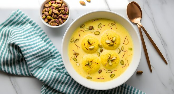 Delicious Ras Malai Dessert with Pistachios in White Bowl