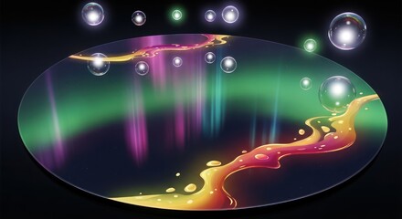 A vibrant abstract portal shimmering with iridescent lights and floating orbs in darkness