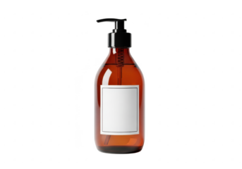 Amber bottle with black pump dispenser isolated on transparent background