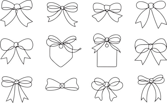 Line gift bow. Thin twine for gift parcel wrap, black line rope cord with simple knot and bow ribbons, price tags for birthday or Christmas present package decoration. Vector doodle nodes set