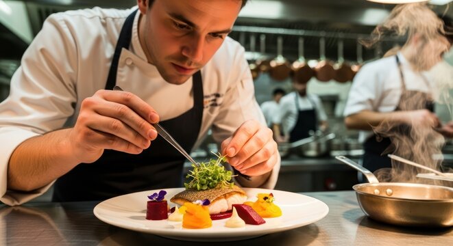 Chef meticulously plating a gourmet dish with artistic precision in a bustling kitchen environment