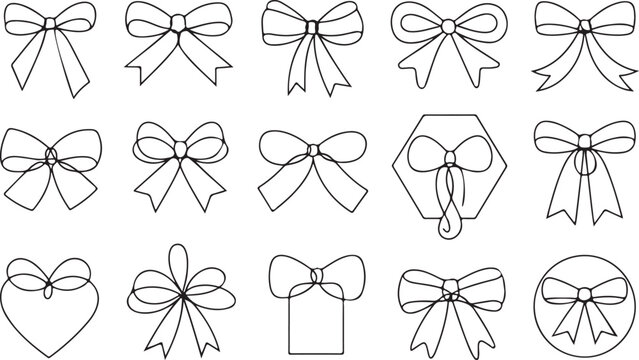 Line gift bow. Thin twine for gift parcel wrap, black line rope cord with simple knot and bow ribbons, price tags for birthday or Christmas present package decoration. Vector doodle nodes set