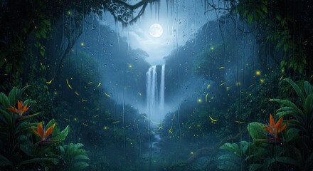 Enchanting tropical rainforest scene with a cascading waterfall and glowing fireflies