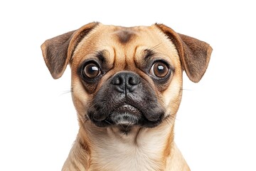 Obraz premium Adorable pug mix with expressive eyes posing against a white background