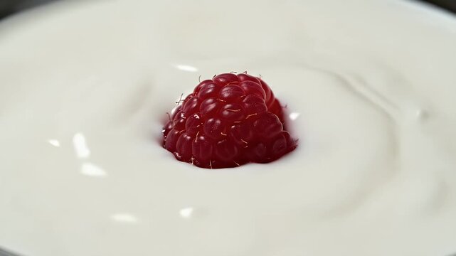A close-up shot of a ripe raspberry floating in a bowl of yogurt, capturing the creamy texture and vibrant fruit.