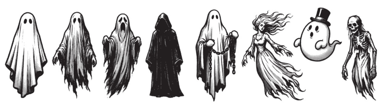 Halloween Character Set Featuring Various Spooky Ghosts Skeletons and Grime Reaper Silhouettes