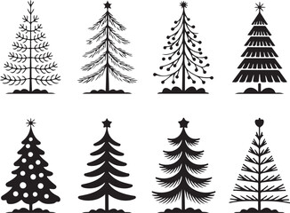 Obraz premium Set of four stylized hand drawn christmas trees with stars on top in black and white sketch style