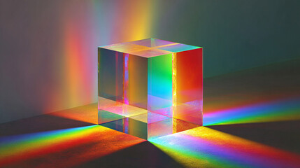A transparent cube prism refracting light, displaying a spectrum of vibrant colors