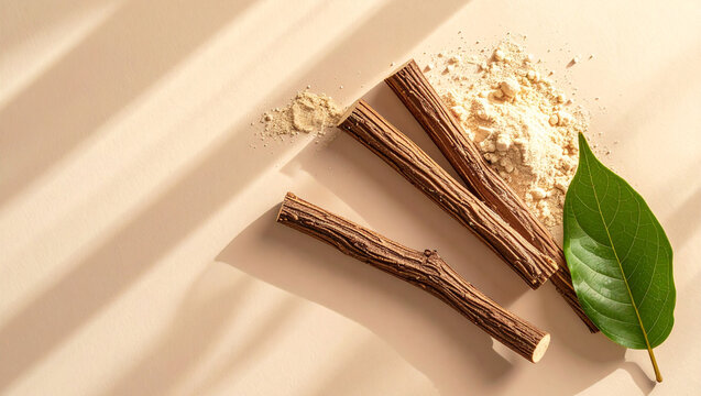 Raw Licorice Root Sticks and Powder with Green Leaf on Neutral Background