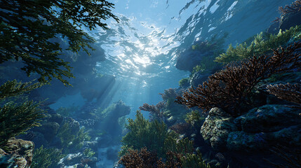 A stunning underwater view of a coral reef with sunlight filtering through the water